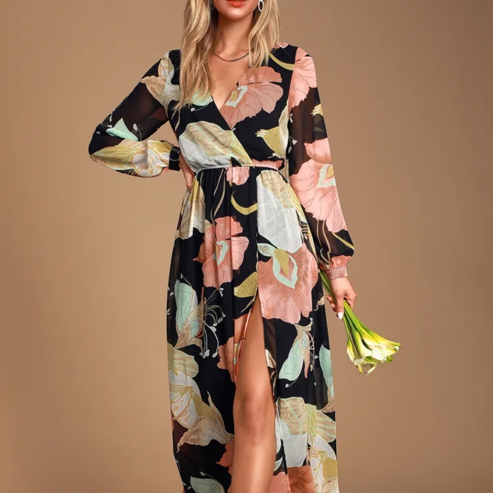 Lulu's Wondrous Water Lilies Black Floral Print Maxi Dress